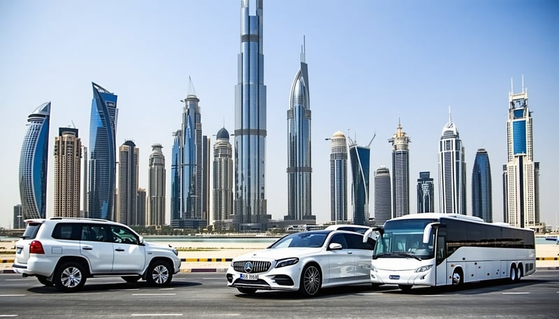 Modern Dubai skyline with luxury transport representing Toll Way Travel services Modern Dubai skyline with luxury transport representing Toll Way Travel services