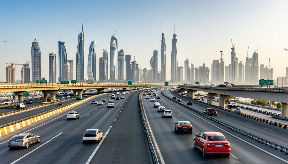 Dubai skyline with busy highways and modern toll gates Dubai skyline with busy highways and modern toll gates