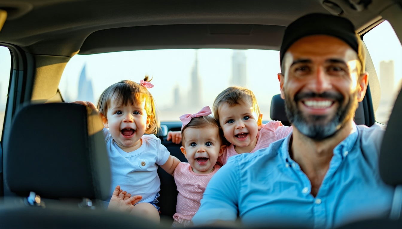 Happy family enjoying a road trip in Dubai