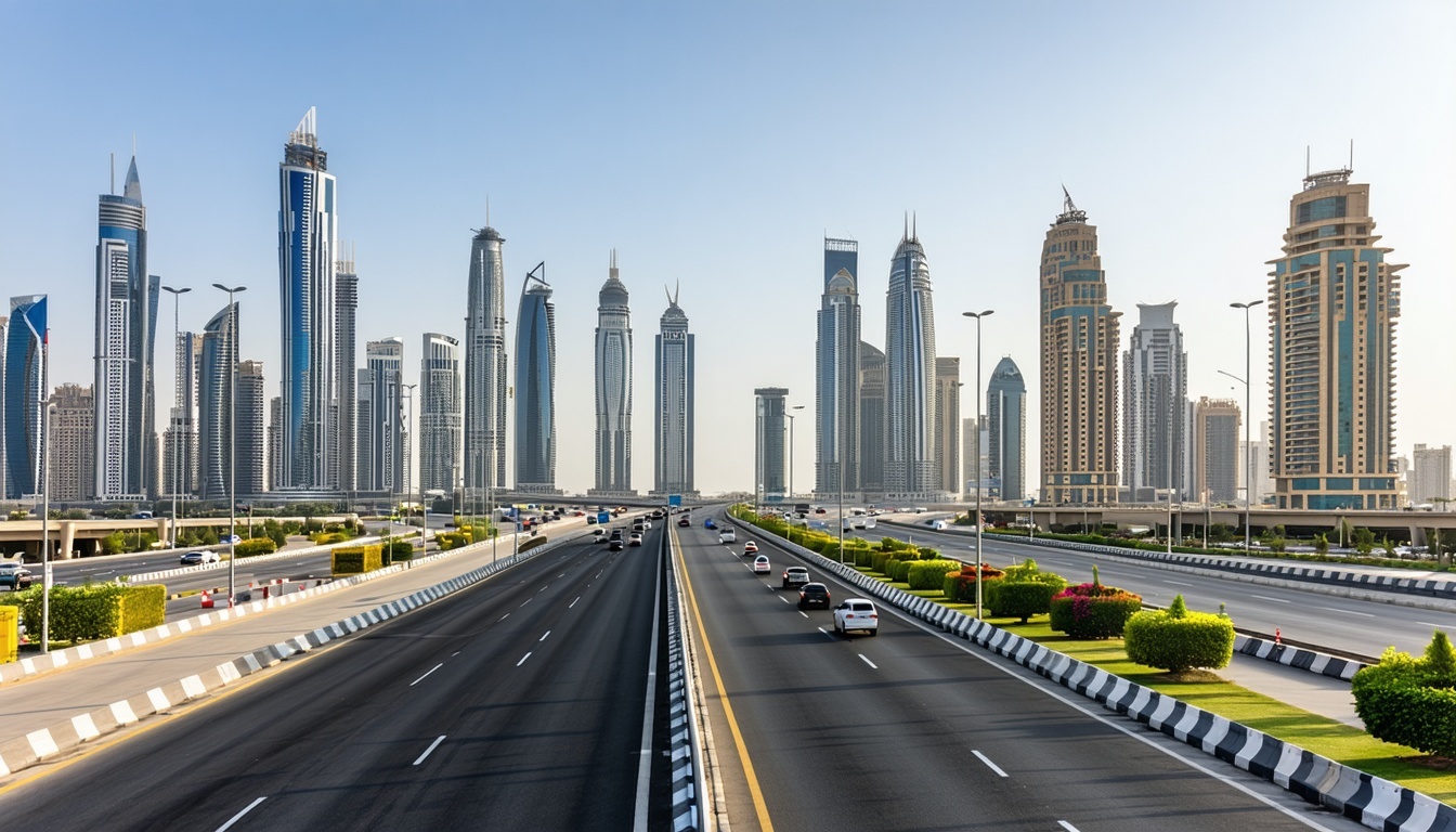 Dubai skyline with efficient highway traffic